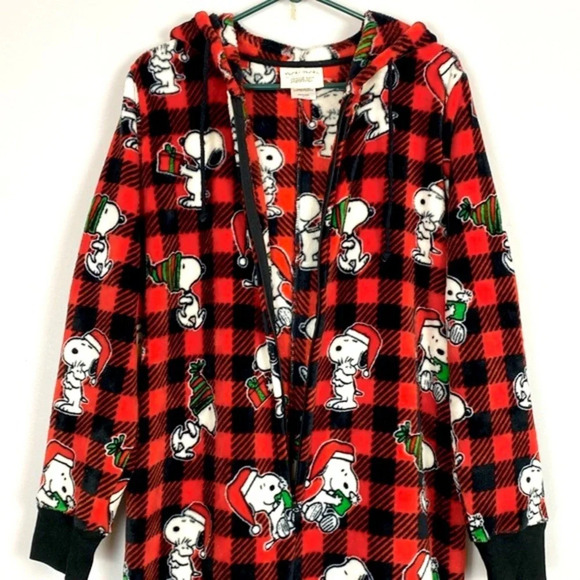 Munki Munki Peanuts Buffalo plaid Hooded Onesie Snoopy size Large pajamas - Picture 5 of 11